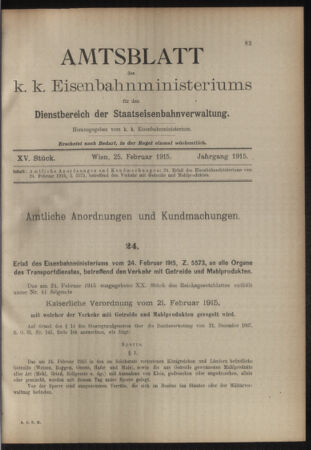 Verordnungs- und Anzeige-Blatt der k.k. General-Direction der österr. Staatsbahnen 19150225 Seite: 1