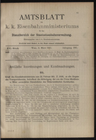 Verordnungs- und Anzeige-Blatt der k.k. General-Direction der österr. Staatsbahnen 19150306 Seite: 1