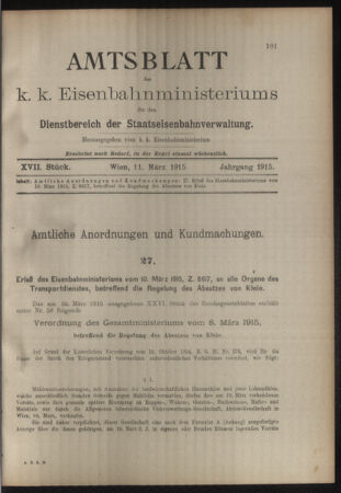 Verordnungs- und Anzeige-Blatt der k.k. General-Direction der österr. Staatsbahnen 19150311 Seite: 1