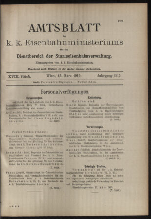 Verordnungs- und Anzeige-Blatt der k.k. General-Direction der österr. Staatsbahnen 19150313 Seite: 1