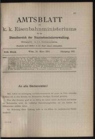 Verordnungs- und Anzeige-Blatt der k.k. General-Direction der österr. Staatsbahnen 19150320 Seite: 1