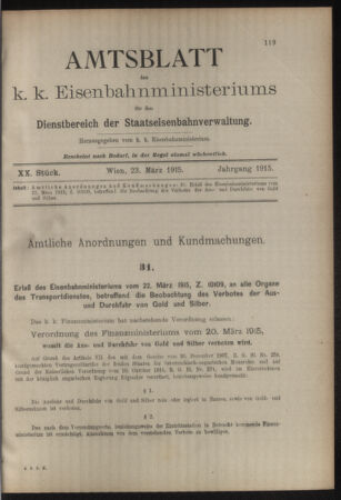 Verordnungs- und Anzeige-Blatt der k.k. General-Direction der österr. Staatsbahnen 19150323 Seite: 1