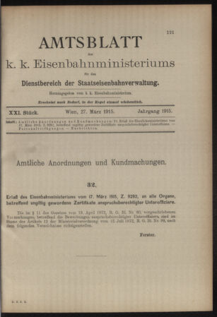 Verordnungs- und Anzeige-Blatt der k.k. General-Direction der österr. Staatsbahnen 19150327 Seite: 1