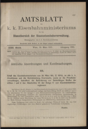 Verordnungs- und Anzeige-Blatt der k.k. General-Direction der österr. Staatsbahnen 19150330 Seite: 1