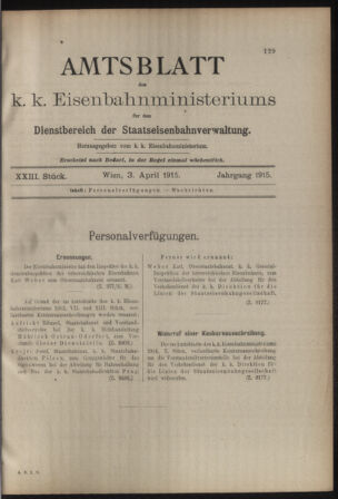 Verordnungs- und Anzeige-Blatt der k.k. General-Direction der österr. Staatsbahnen 19150403 Seite: 1