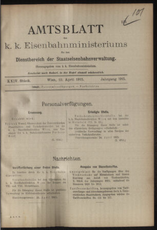 Verordnungs- und Anzeige-Blatt der k.k. General-Direction der österr. Staatsbahnen 19150410 Seite: 1