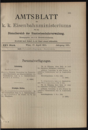 Verordnungs- und Anzeige-Blatt der k.k. General-Direction der österr. Staatsbahnen 19150417 Seite: 1