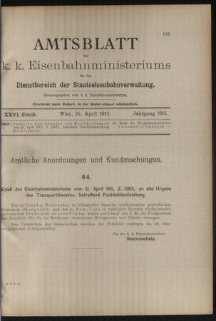 Verordnungs- und Anzeige-Blatt der k.k. General-Direction der österr. Staatsbahnen 19150424 Seite: 1