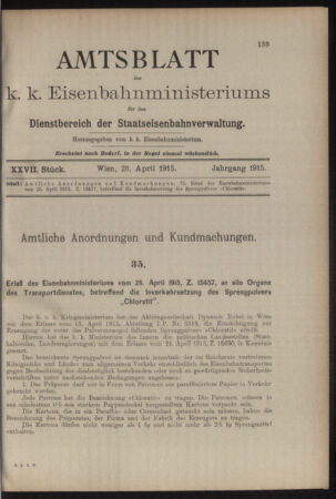 Verordnungs- und Anzeige-Blatt der k.k. General-Direction der österr. Staatsbahnen 19150428 Seite: 1