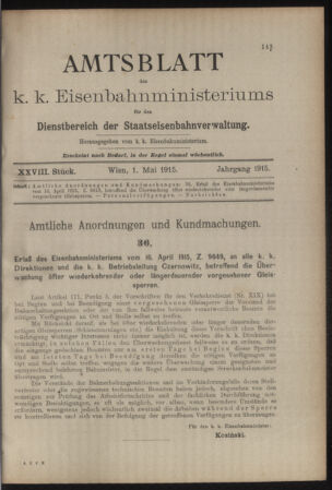 Verordnungs- und Anzeige-Blatt der k.k. General-Direction der österr. Staatsbahnen 19150501 Seite: 1