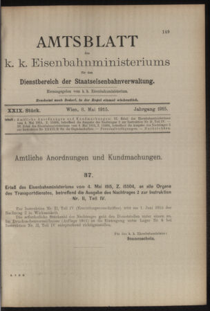 Verordnungs- und Anzeige-Blatt der k.k. General-Direction der österr. Staatsbahnen 19150508 Seite: 1