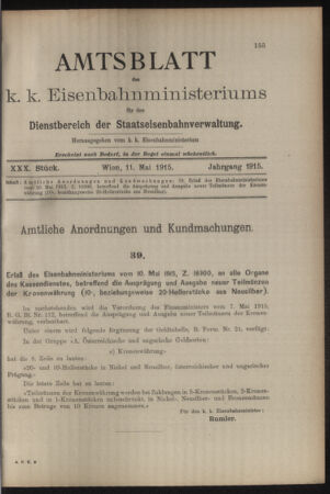 Verordnungs- und Anzeige-Blatt der k.k. General-Direction der österr. Staatsbahnen 19150511 Seite: 1