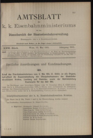 Verordnungs- und Anzeige-Blatt der k.k. General-Direction der österr. Staatsbahnen 19150515 Seite: 1