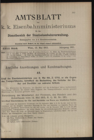 Verordnungs- und Anzeige-Blatt der k.k. General-Direction der österr. Staatsbahnen 19150518 Seite: 1