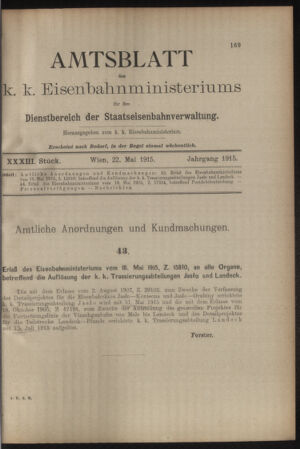 Verordnungs- und Anzeige-Blatt der k.k. General-Direction der österr. Staatsbahnen 19150522 Seite: 1