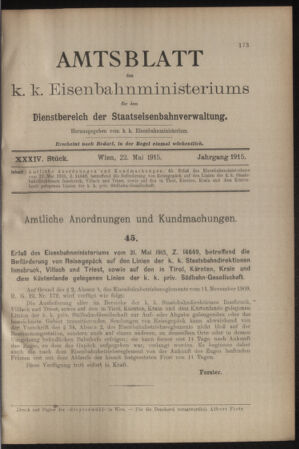 Verordnungs- und Anzeige-Blatt der k.k. General-Direction der österr. Staatsbahnen 19150522 Seite: 5