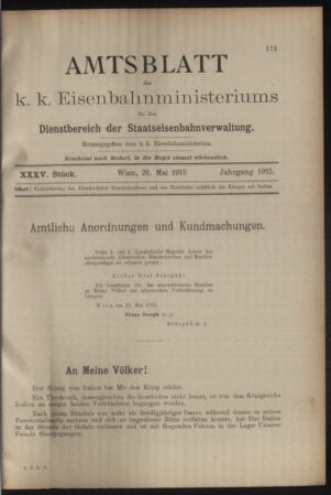 Verordnungs- und Anzeige-Blatt der k.k. General-Direction der österr. Staatsbahnen 19150526 Seite: 1