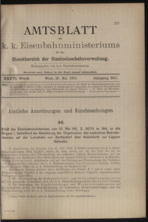 Verordnungs- und Anzeige-Blatt der k.k. General-Direction der österr. Staatsbahnen 19150529 Seite: 1