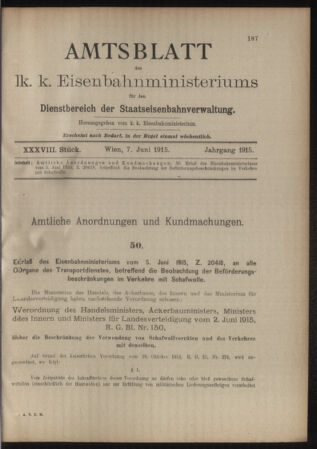 Verordnungs- und Anzeige-Blatt der k.k. General-Direction der österr. Staatsbahnen 19150607 Seite: 1