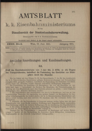 Verordnungs- und Anzeige-Blatt der k.k. General-Direction der österr. Staatsbahnen 19150612 Seite: 1