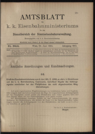 Verordnungs- und Anzeige-Blatt der k.k. General-Direction der österr. Staatsbahnen 19150619 Seite: 1