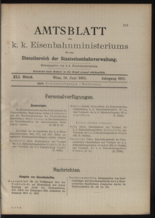 Verordnungs- und Anzeige-Blatt der k.k. General-Direction der österr. Staatsbahnen 19150626 Seite: 1