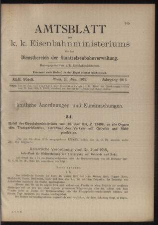 Verordnungs- und Anzeige-Blatt der k.k. General-Direction der österr. Staatsbahnen 19150628 Seite: 1