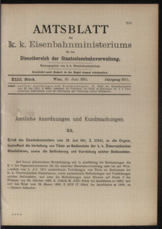 Verordnungs- und Anzeige-Blatt der k.k. General-Direction der österr. Staatsbahnen 19150630 Seite: 1