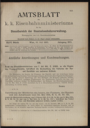 Verordnungs- und Anzeige-Blatt der k.k. General-Direction der österr. Staatsbahnen 19150710 Seite: 1