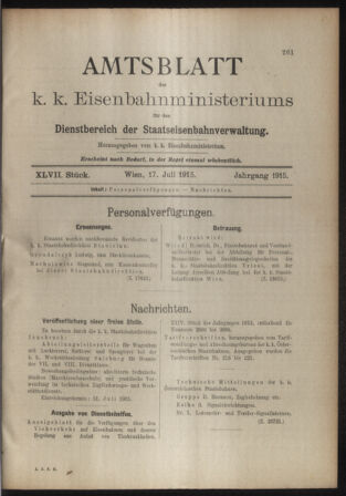 Verordnungs- und Anzeige-Blatt der k.k. General-Direction der österr. Staatsbahnen 19150717 Seite: 1