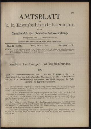 Verordnungs- und Anzeige-Blatt der k.k. General-Direction der österr. Staatsbahnen 19150724 Seite: 1