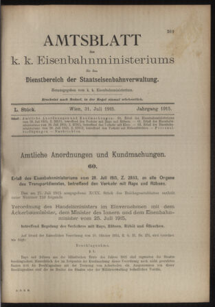 Verordnungs- und Anzeige-Blatt der k.k. General-Direction der österr. Staatsbahnen 19150731 Seite: 1