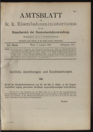 Verordnungs- und Anzeige-Blatt der k.k. General-Direction der österr. Staatsbahnen 19150807 Seite: 1