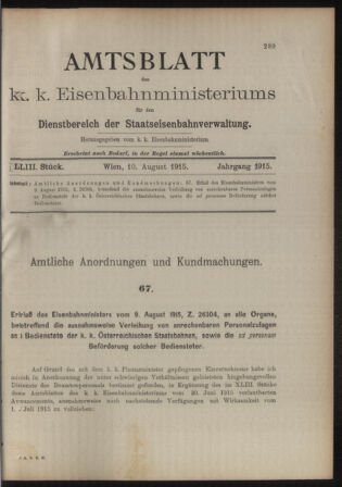 Verordnungs- und Anzeige-Blatt der k.k. General-Direction der österr. Staatsbahnen 19150810 Seite: 1