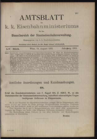 Verordnungs- und Anzeige-Blatt der k.k. General-Direction der österr. Staatsbahnen 19150814 Seite: 1