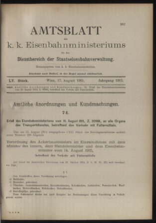 Verordnungs- und Anzeige-Blatt der k.k. General-Direction der österr. Staatsbahnen 19150817 Seite: 1