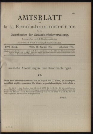 Verordnungs- und Anzeige-Blatt der k.k. General-Direction der österr. Staatsbahnen 19150821 Seite: 1