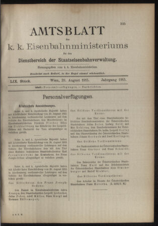 Verordnungs- und Anzeige-Blatt der k.k. General-Direction der österr. Staatsbahnen 19150828 Seite: 1