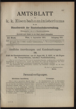 Verordnungs- und Anzeige-Blatt der k.k. General-Direction der österr. Staatsbahnen 19150904 Seite: 1