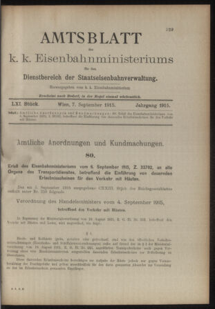 Verordnungs- und Anzeige-Blatt der k.k. General-Direction der österr. Staatsbahnen 19150907 Seite: 1