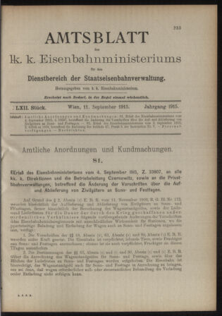 Verordnungs- und Anzeige-Blatt der k.k. General-Direction der österr. Staatsbahnen 19150911 Seite: 1