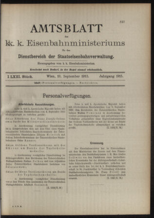 Verordnungs- und Anzeige-Blatt der k.k. General-Direction der österr. Staatsbahnen 19150918 Seite: 1