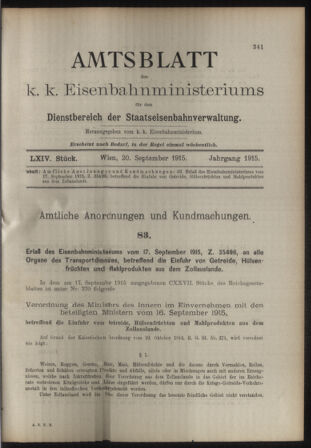 Verordnungs- und Anzeige-Blatt der k.k. General-Direction der österr. Staatsbahnen 19150920 Seite: 1