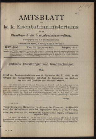 Verordnungs- und Anzeige-Blatt der k.k. General-Direction der österr. Staatsbahnen 19150925 Seite: 1