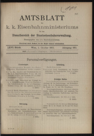 Verordnungs- und Anzeige-Blatt der k.k. General-Direction der österr. Staatsbahnen 19151002 Seite: 1