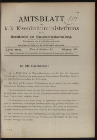 Verordnungs- und Anzeige-Blatt der k.k. General-Direction der österr. Staatsbahnen 19151006 Seite: 1