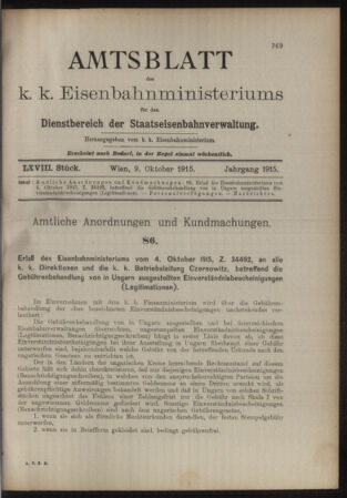 Verordnungs- und Anzeige-Blatt der k.k. General-Direction der österr. Staatsbahnen 19151009 Seite: 1