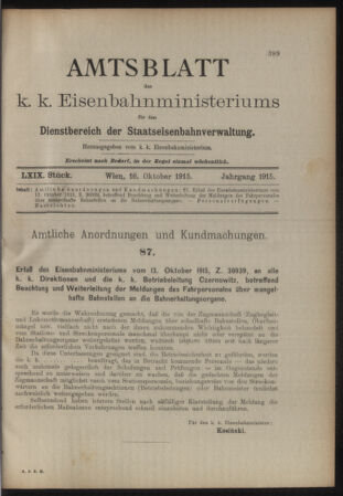 Verordnungs- und Anzeige-Blatt der k.k. General-Direction der österr. Staatsbahnen 19151016 Seite: 1