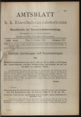 Verordnungs- und Anzeige-Blatt der k.k. General-Direction der österr. Staatsbahnen 19151021 Seite: 1