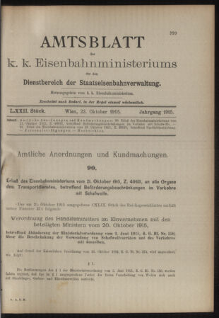 Verordnungs- und Anzeige-Blatt der k.k. General-Direction der österr. Staatsbahnen 19151023 Seite: 1